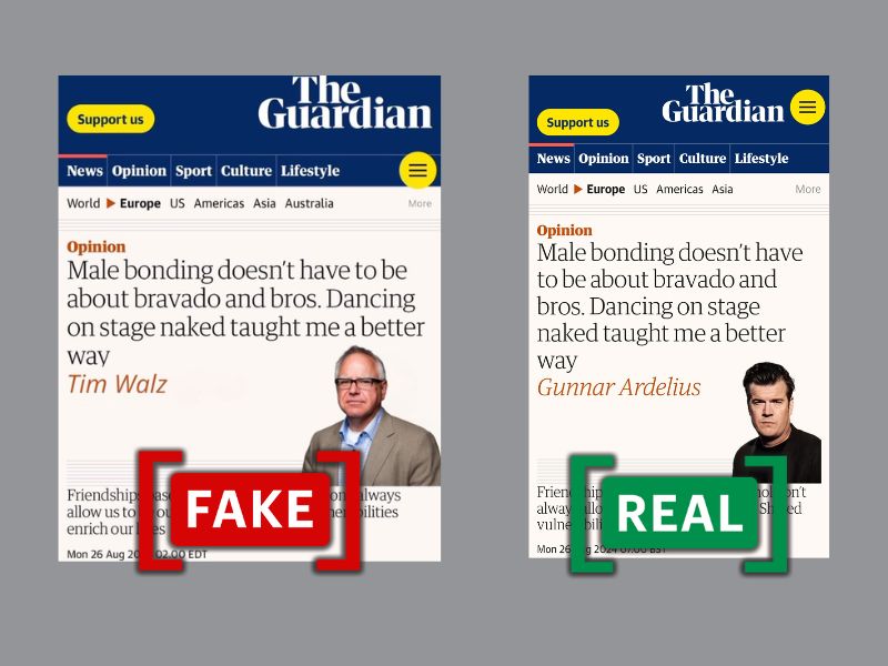 The photo shows a comparison between a fake image shared online and a real article published by the Guardian. (Source: X/The Guardian/Modified from Logically Facts)